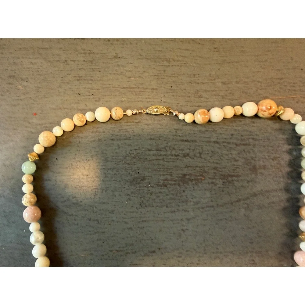 Vintage Beaded Stone Faux Pearl Necklace Earth Tone Pastel Gold Tone Clasp 24in